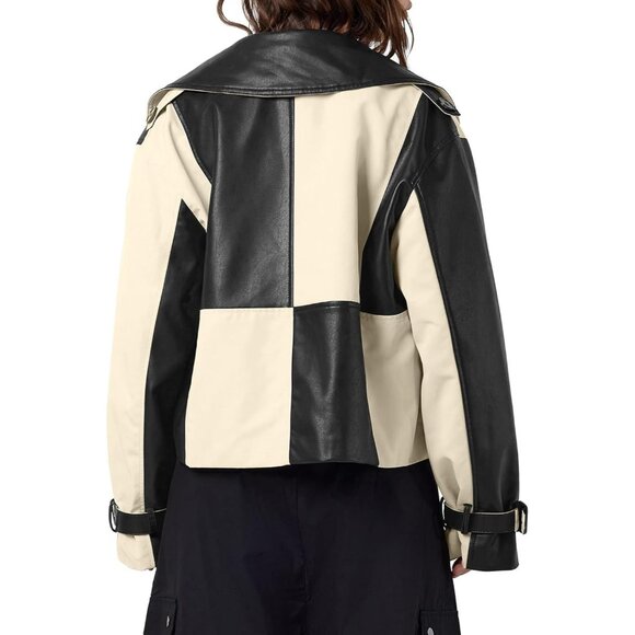 Womens Black Tankaneo Leather Cropped Jacket Oversized Color Block Motorcycle - Picture 5 of 6